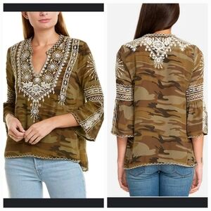 Johnny Was Camouflage Embroidered Women's Top